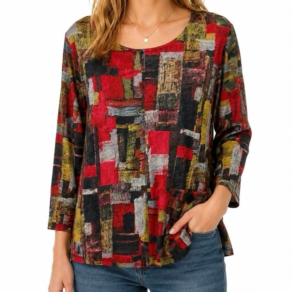 Shana Plus Size 2XL Red Black Yellow Cozy Winter Blouse Shirt Top Wearable Art